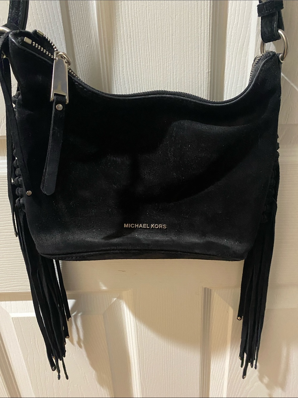 Michael Kors Black Leather Fringe Crossbody with Adjustable Strap